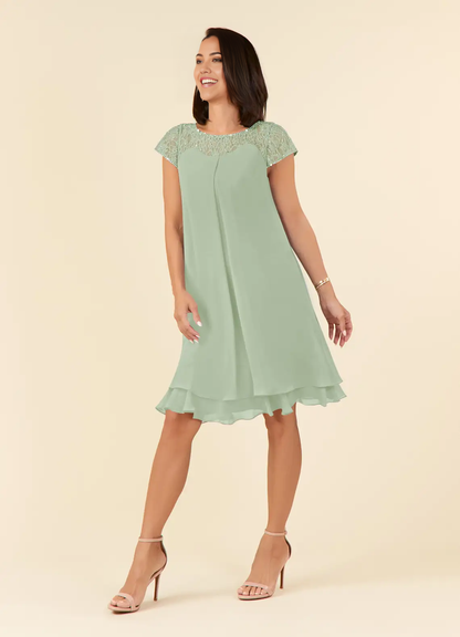 Elegant Crew Neck Chiffon Tea Length Dusty Sage formal dresses evening dress Mother of the Bride Dresses