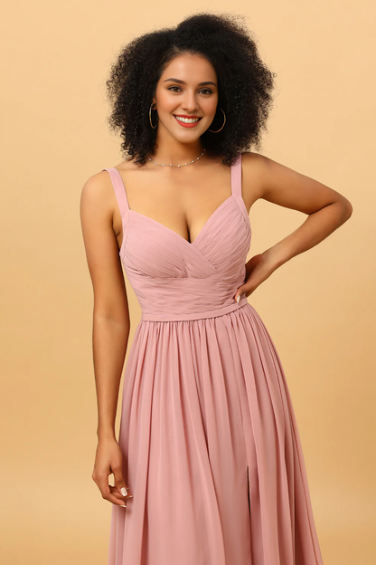Pink backless side slit long chiffon bridesmaid dress