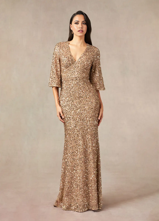 Mermaid V-Neck Sequins Champagne formal dresses evening dress Mother of the Bride Dresses