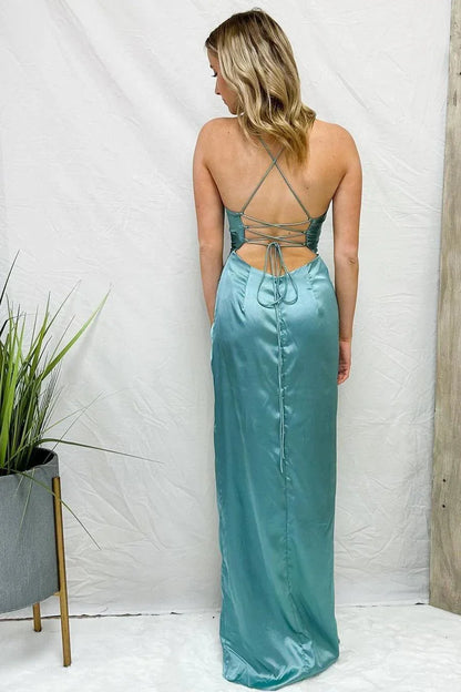 Jimiss scarf collar thin shoulder straps pleated long slit Prom dress