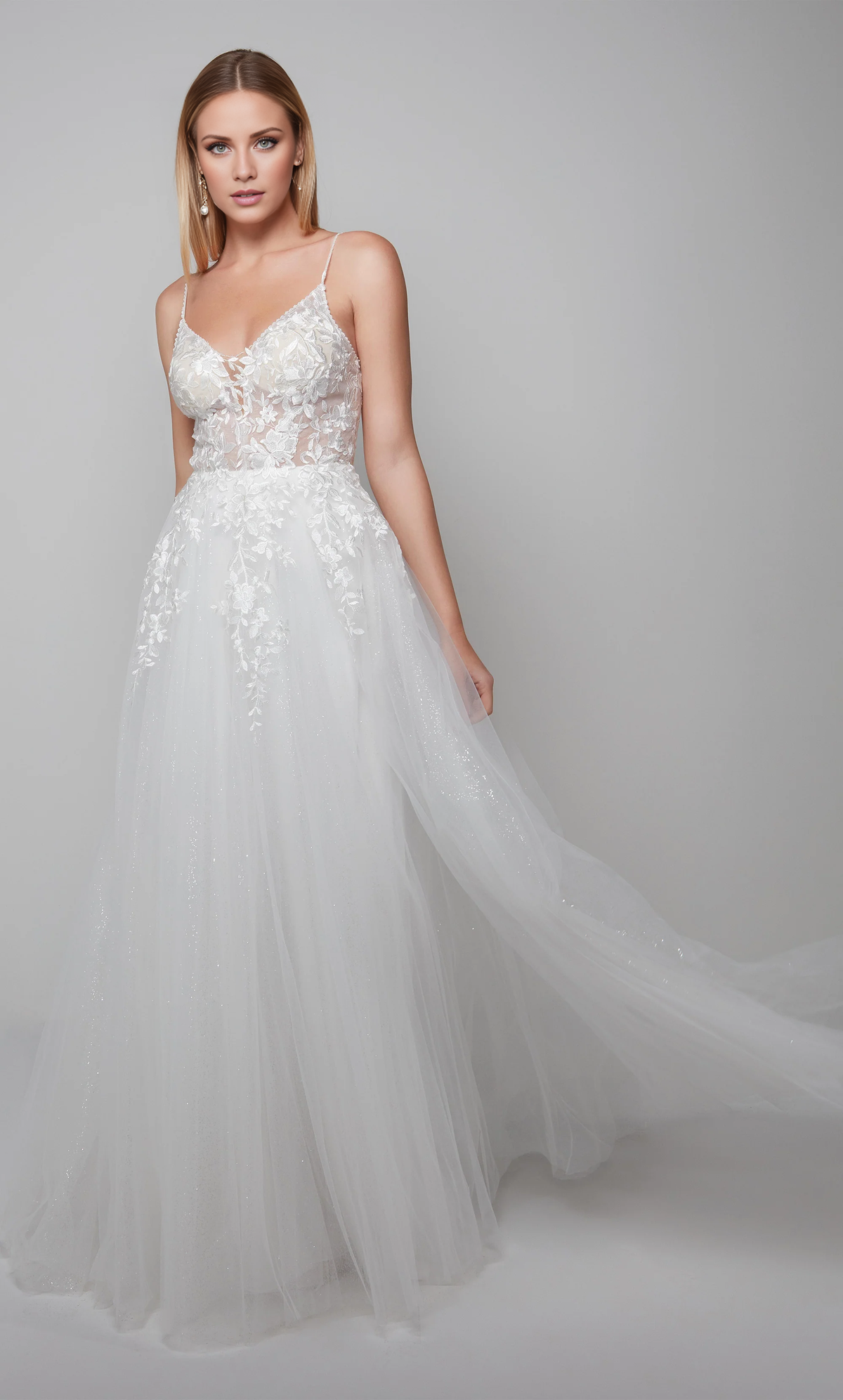 Rooster neckline lace floral decal transparent body shiny chiffon and floor length wedding dresses