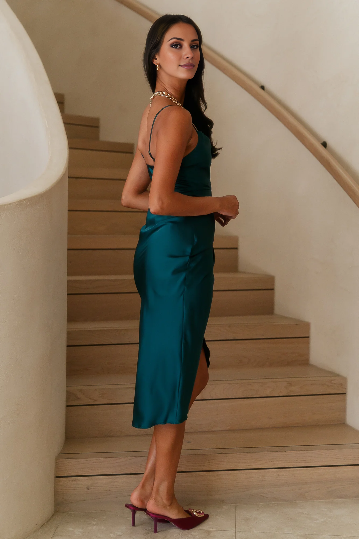 Jimiss Pendant Collar Thin Shoulder Strap Satin Long Prom Dress