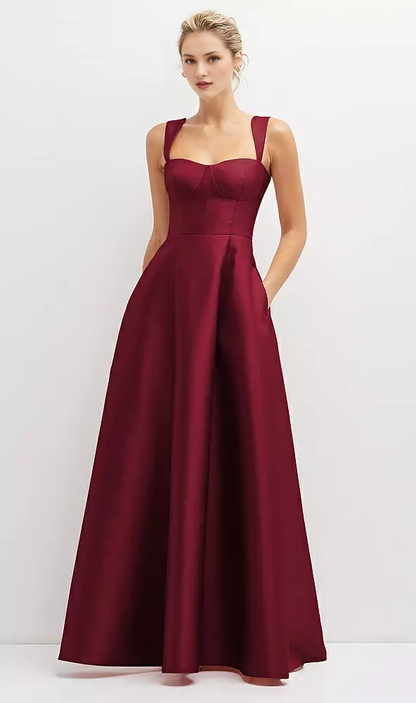 Pocket tie back tight corset satin and floor length Prom dress