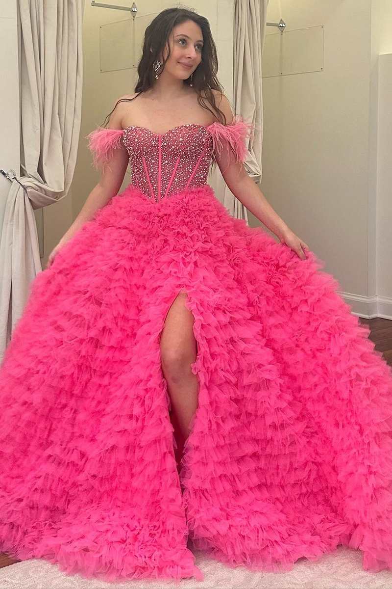 Hot Pink Beaded Feather Off-the-Shoulder Tiered Long Prom Dress with Ruffles