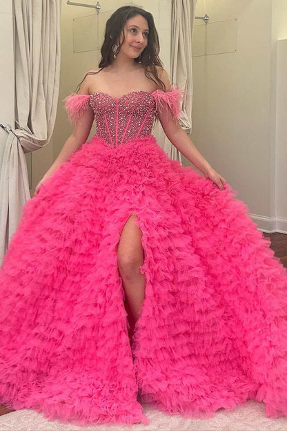 Hot Pink Beaded Feather Off-the-Shoulder Tiered Long Prom Dress with Ruffles