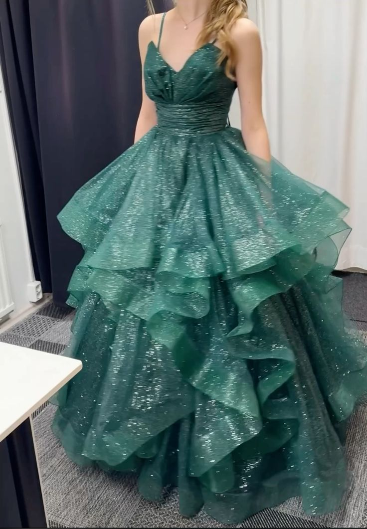 Green Spaghetti Straps A-Line Long Formal Prom Dress Evening Ball Gown, HZ0319
