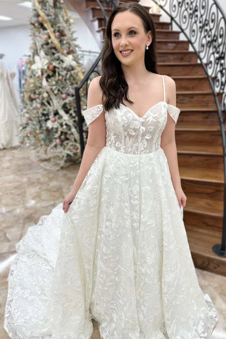 Floral Lace Cold-Shoulder A-Line Bridal Gown