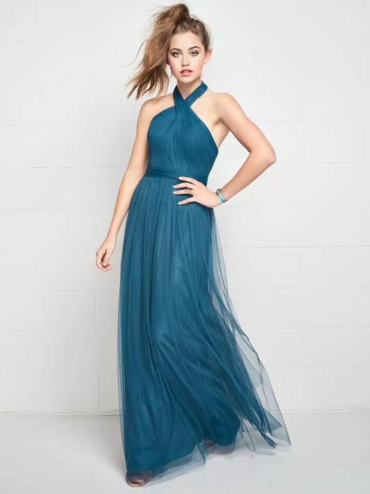 A-Line Halter Open Back Ruched Tulle Wedding Party Dresses formal dresses evening gown Bridesmaid Dress