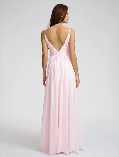 A-Line / Ball Gown Spaghetti Strap Floor Length Chiffon Bridesmaid Dress with Side Draping / Criss Cross