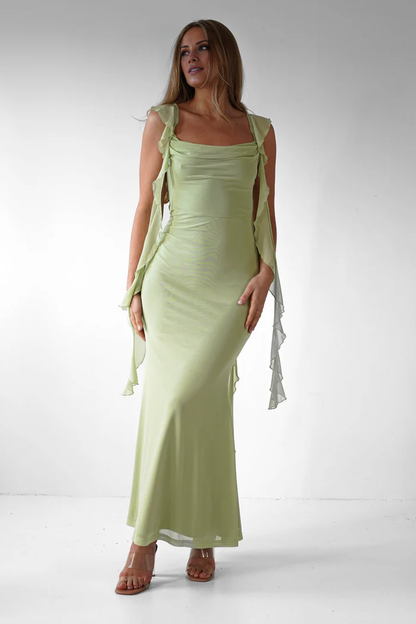 Square neck backless ruffle edge detail long Prom dress - Jimiss Dress