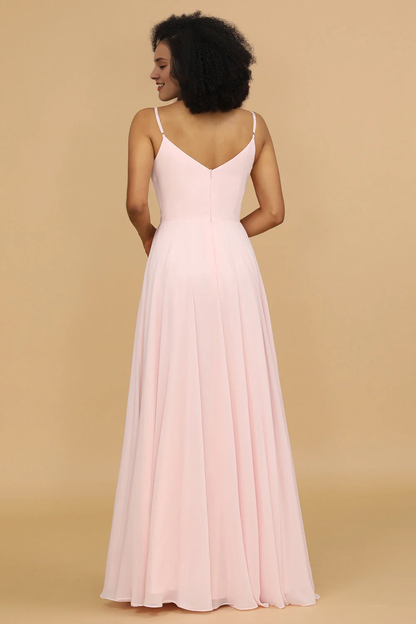 Pink A-line slim shoulder chiffon long bridesmaid dress