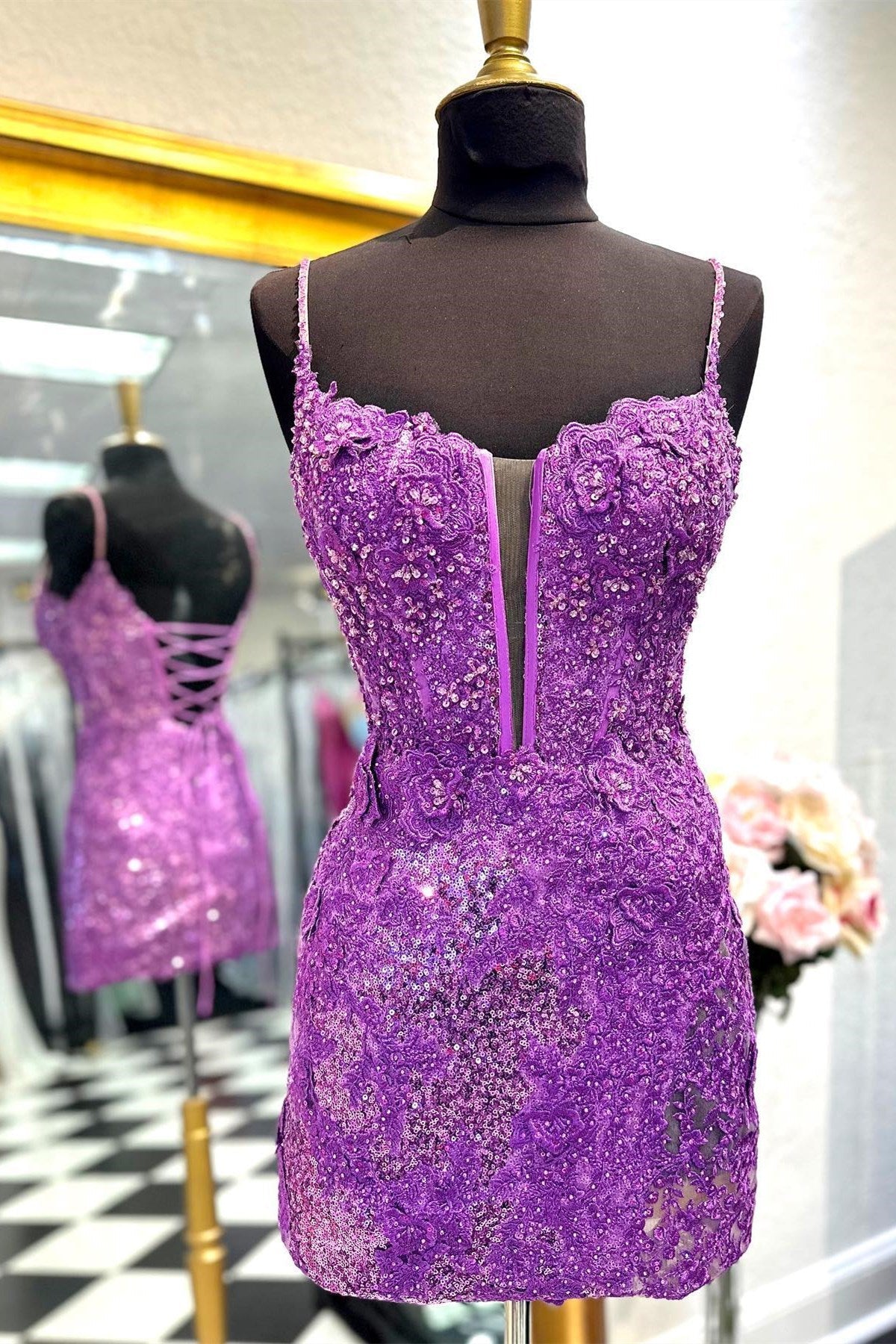 Light Blue Sequin Lace Scoop Neck Bodycon Homecoming Dress