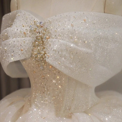 Girlhomeshops-White Sparkling Gorgeous Off Shoulder Bow Starry Bead Decoration and Ground Formal Ball Dress Lace Dress Exquisite Wedding Dress gh5312