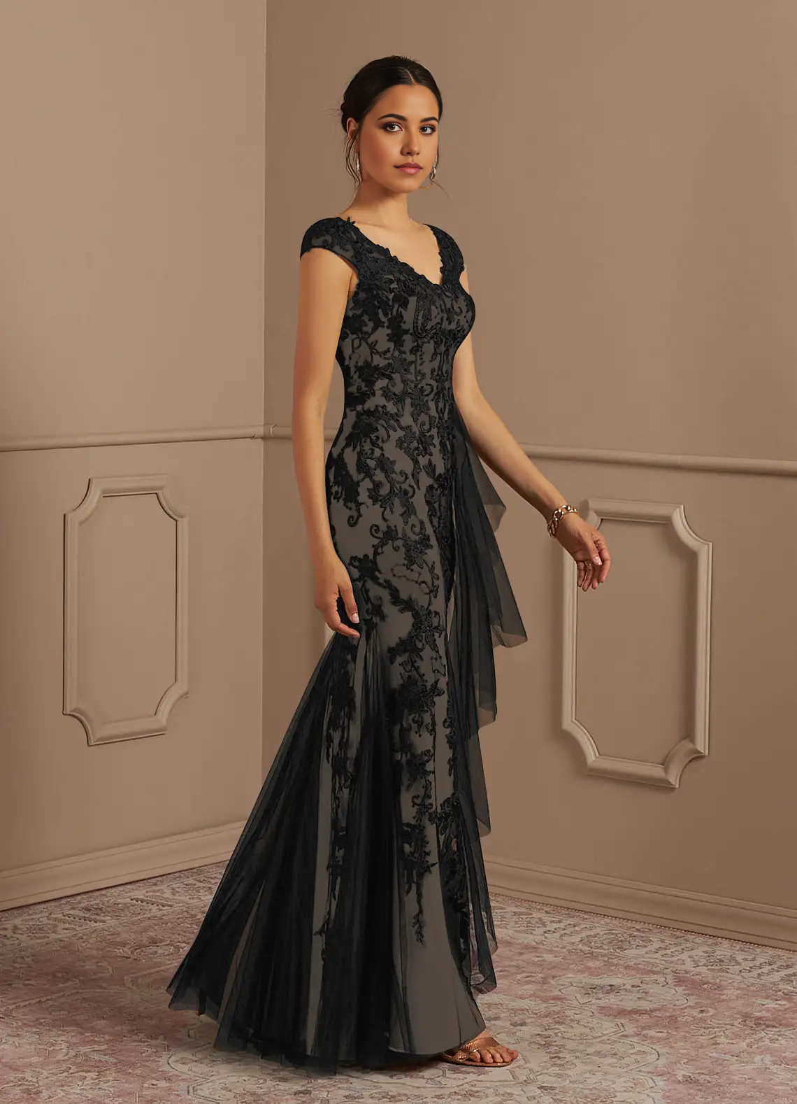 Mermaid Lace Tulle Dress Black Champagne formal dresses evening dress Mother of the Bride Dresses