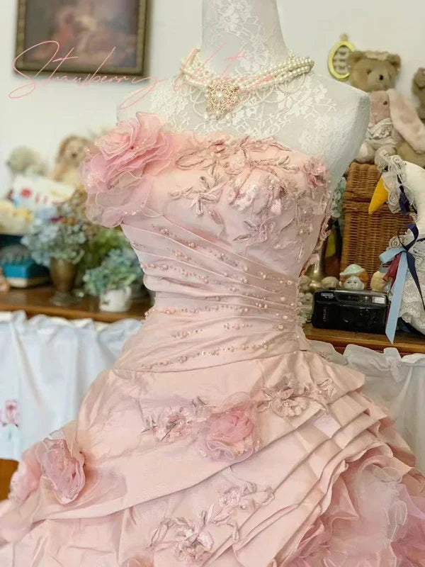 Elegant Pink 3D Flower Sweet 16 Quinceanera A-Line Floor-length Prom Dress Birthday Dress Evening Dress Ball Gown HZ1024