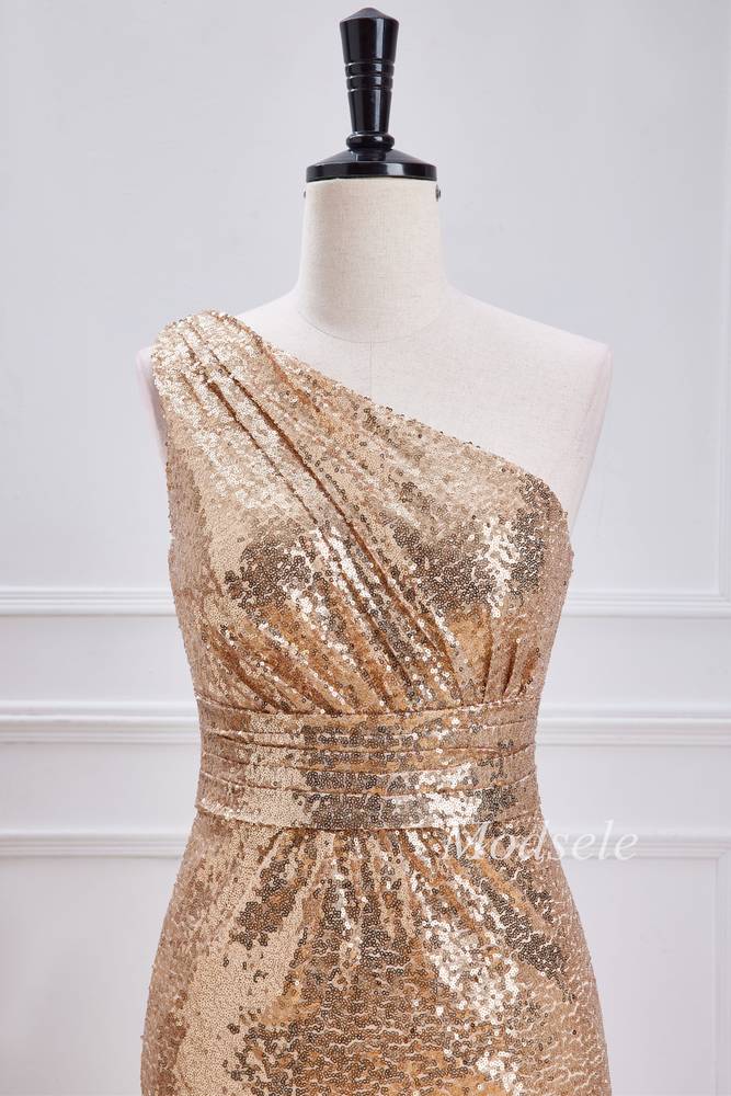 Champagne Sequin One-Shoulder Mermaid Long Dress