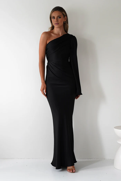 Single sleeve off shoulder satin and floor length Prom Dress - Jimiss Dress