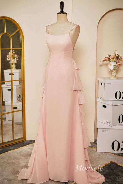 Pink Chiffon Lace-Up Ruffle Tiered Long Prom Dress