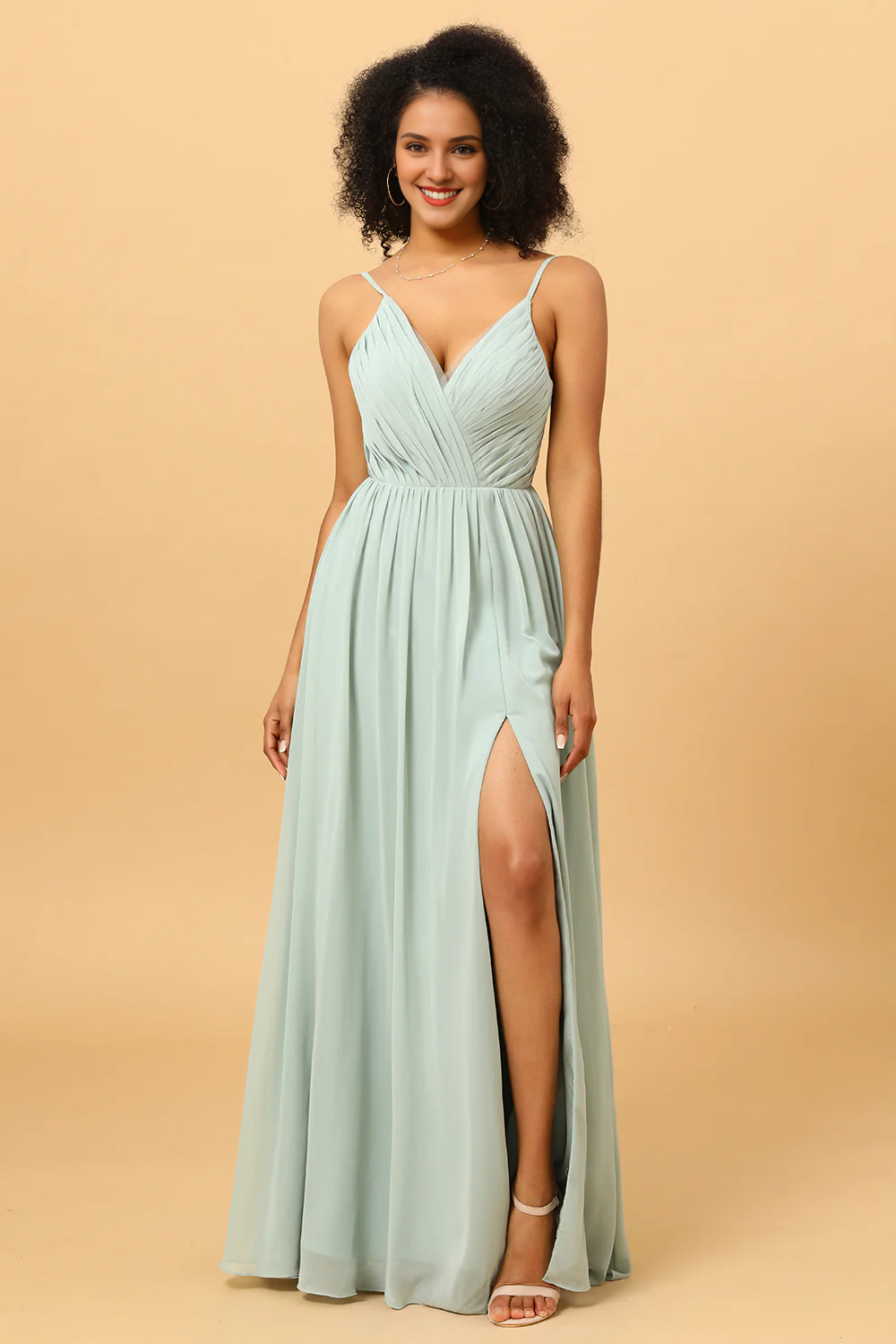Light green pleated long slit chiffon bridesmaid dress