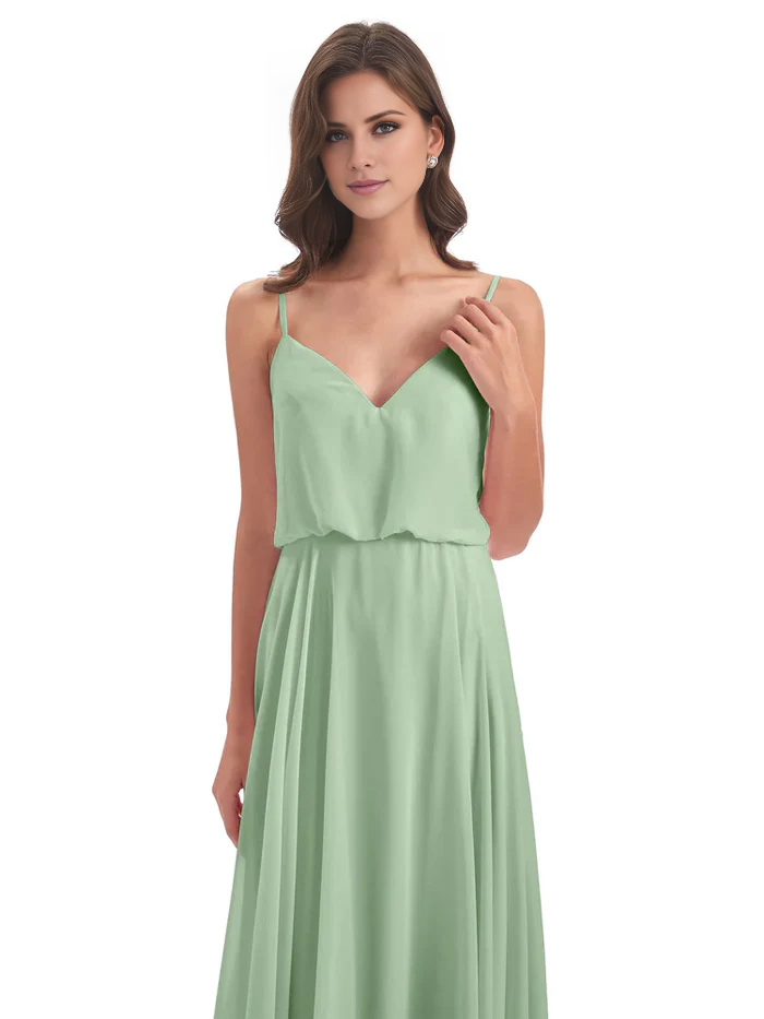 Simple slim shoulder chiffon and floor length bridesmaid dress
