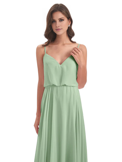 Simple slim shoulder chiffon and floor length bridesmaid dress