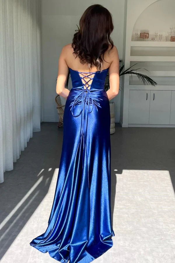 Jimiss elegant slim fit low V-neck sleeveless pleated ball gown with high side slit and trailing lace up evening gown