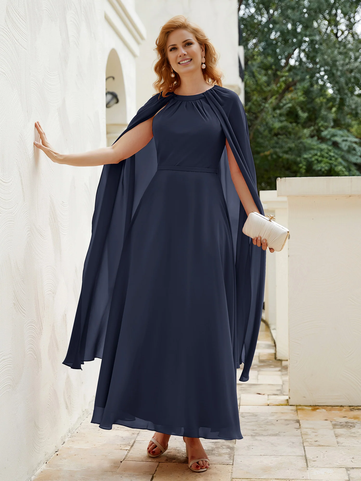 Long cape A-line gemstone collar chiffon mother of the bride dress