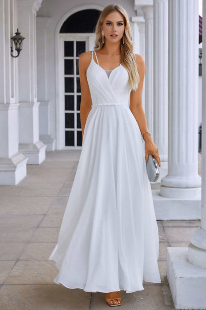 White Chiffon Surplice Neck A-Line Long Dress with Spaghetti Straps
