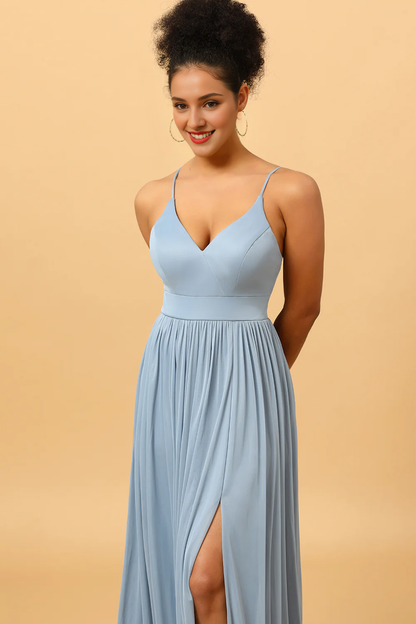 Grey blue pleated chiffon slit bridesmaid dress
