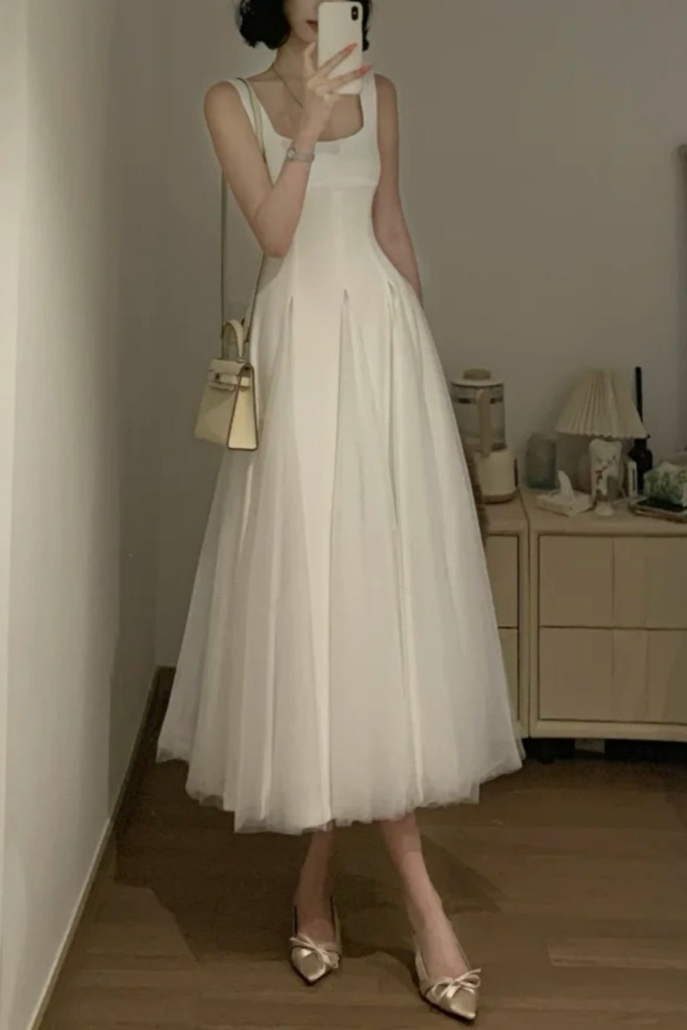 White Square Neck Spaghetti Strap Satin Tulle - Minimalist Elegant Bridesmaid/Date/Light Evening Midi Gown gh6981