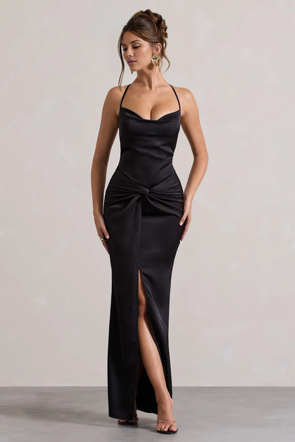Satin high neck twisted pleat slit and floor length evening dress - Jimiss dress
