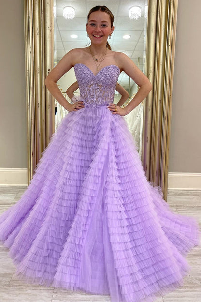 Yellow Appliques Sweetheart Ruffle Tiered A-Line Prom Dress