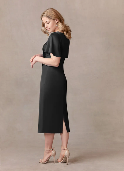 Sheath Crew Neck Pleated Tea Length Satin Black formal dresses evening dress Mother of the Bride Dresses
