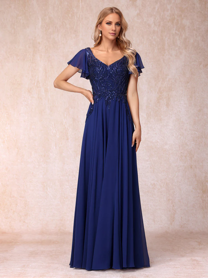 A-line/Princess V-neck short sleeved long formal mother of the bride dress