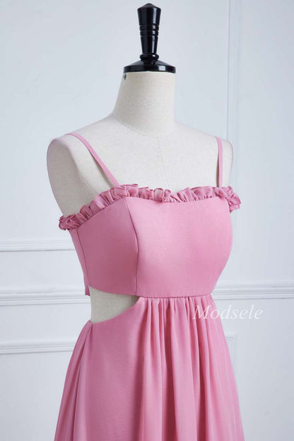 Pink Spaghetti Strap Bow-Back Ruffle Maxi Dress