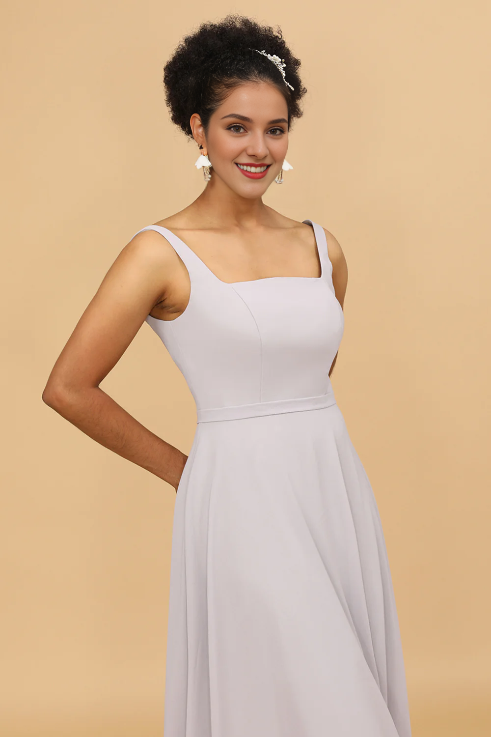 Grey tight square neck long chiffon bridesmaid dress