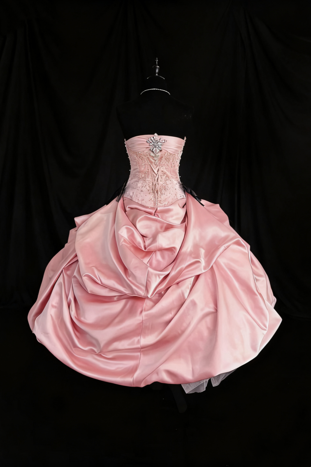 girlhomeshops-Girlish Heart Party Style Pink Satin & Black Bow Beaded Strapless Floor - Length Birthday Highlight Dress gh5888