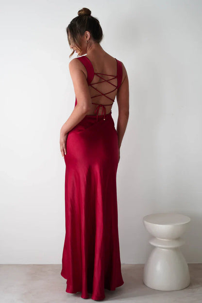 Square neckline satin side slit and floor length Prom dress - Jimiss Dress