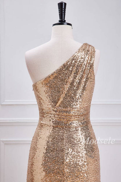 Champagne Sequin One-Shoulder Mermaid Long Dress