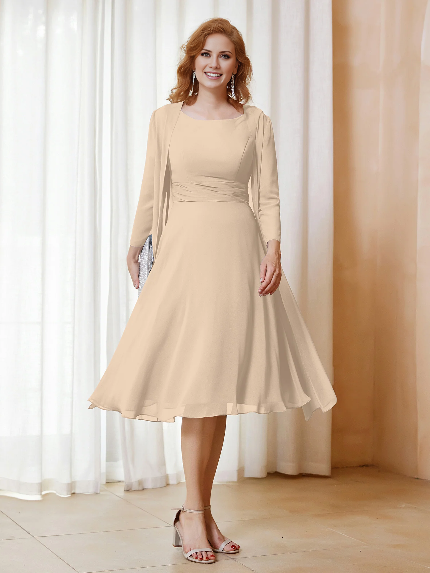 Folded chiffon dress paired with jacket mother of the bride dress