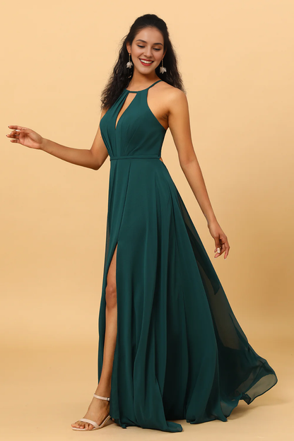 Pine A Line neck hanging sleeveless long chiffon slit bridesmaid dress