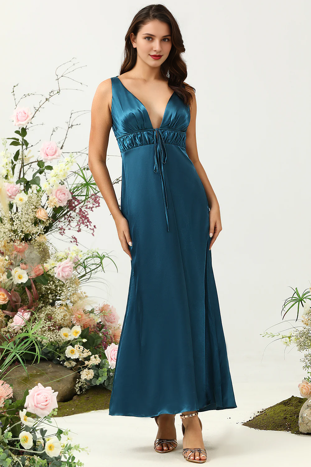 Dark blue tight fitting deep V-neck shiny satin bridesmaid dress
