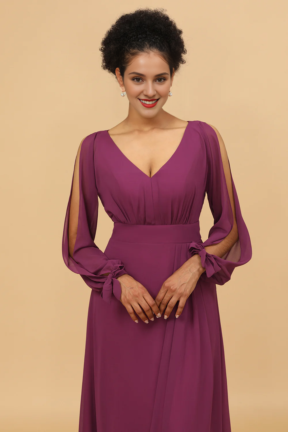 Purple long sleeved bow V-neck chiffon bridesmaid dress