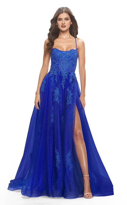 A-line deep straight neckline beaded lace tight corset sheer and floor length Prom ress