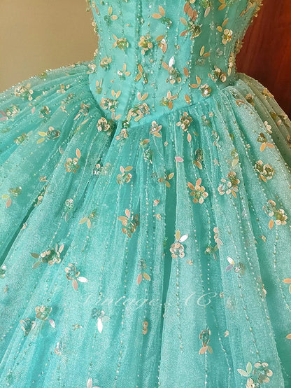 Girlhomeshops-Mint Green Glitter Beaded Floral Long Tulle Floor-Length Ball Gown gh5300