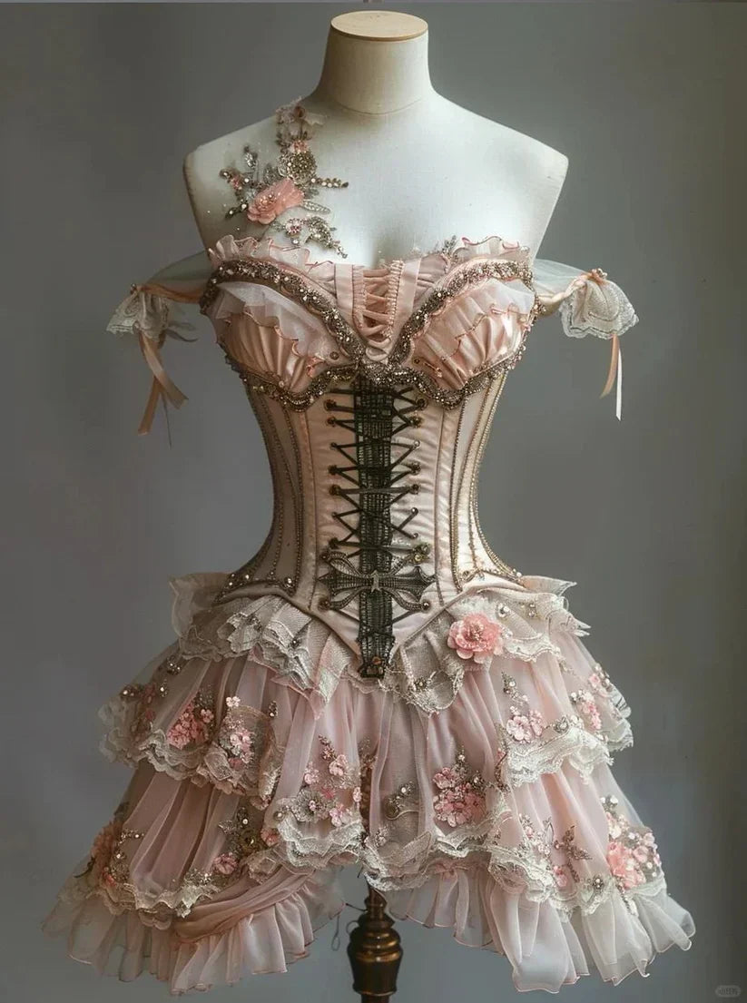 Vintage Floral Design Lolita Princess Dress A-line Beaded Chiffon Tiered Party Dress Homecoming Dress HZ1024