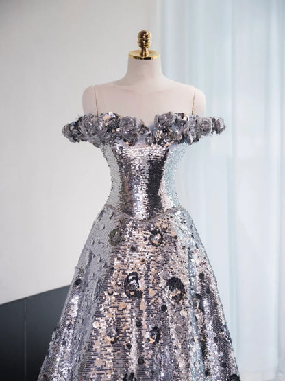Silver gorgeous shiny long floor-length sequined ball gown evening dress graduation dress gh4550