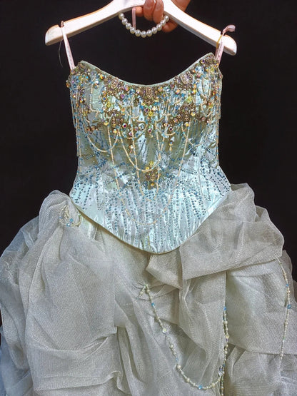 Girlhomeshops-Gray-blue gorgeous gold beading fashionable and elegant long layered princess tulle ball gown gh5325