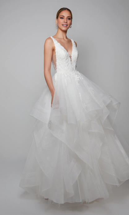 Chiffon lace deep V-neck floral decals and floor length wedding dresses