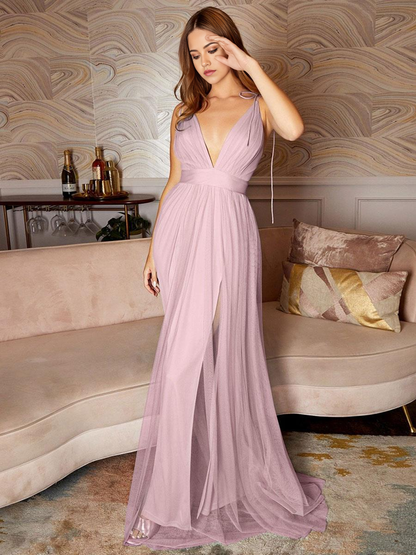 A-Line Sleeveless Floor-Length Tulle formal dresses evening gown Split Front Bridesmaid Dresses
